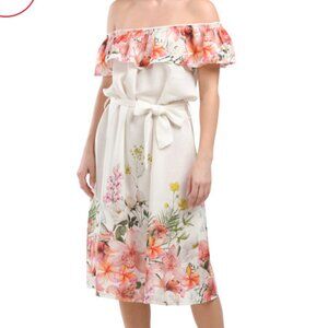 Le Ragazze Made in Italy Linen Blend Off-The-Shoulder Floral Midi Dress — Size L